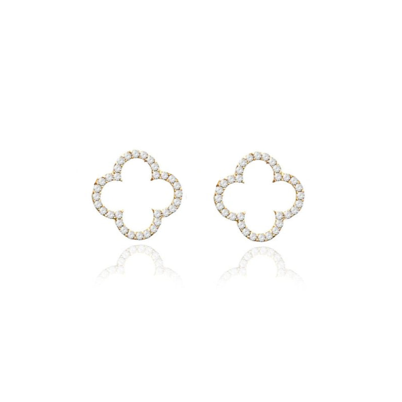 Gold Clover Stud Earrings with Cubic Zirconia - Lulu B Jewellery