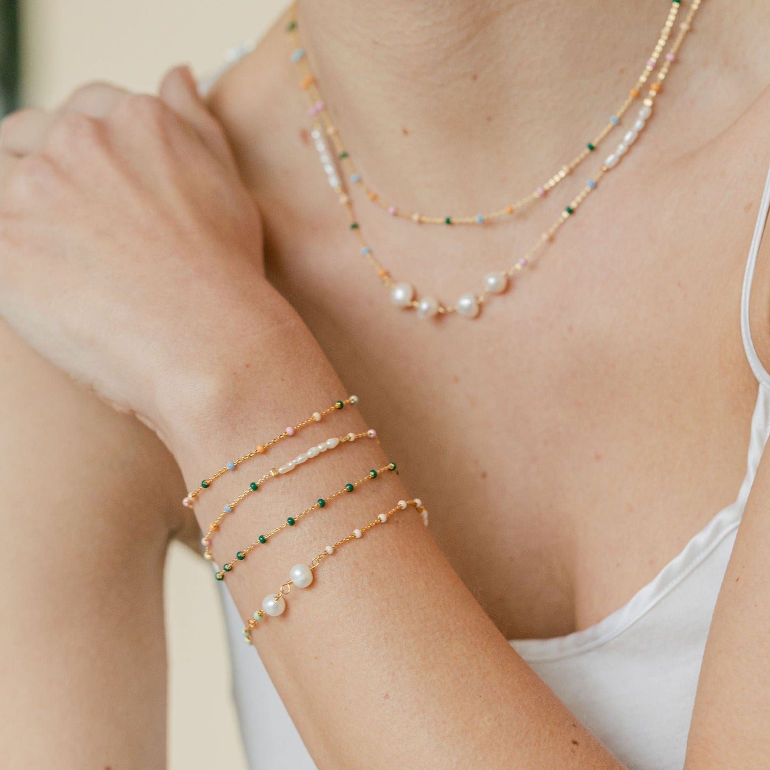Gold Iris Enamel Bracelet with Pearl (Mint) - Lulu B Jewellery