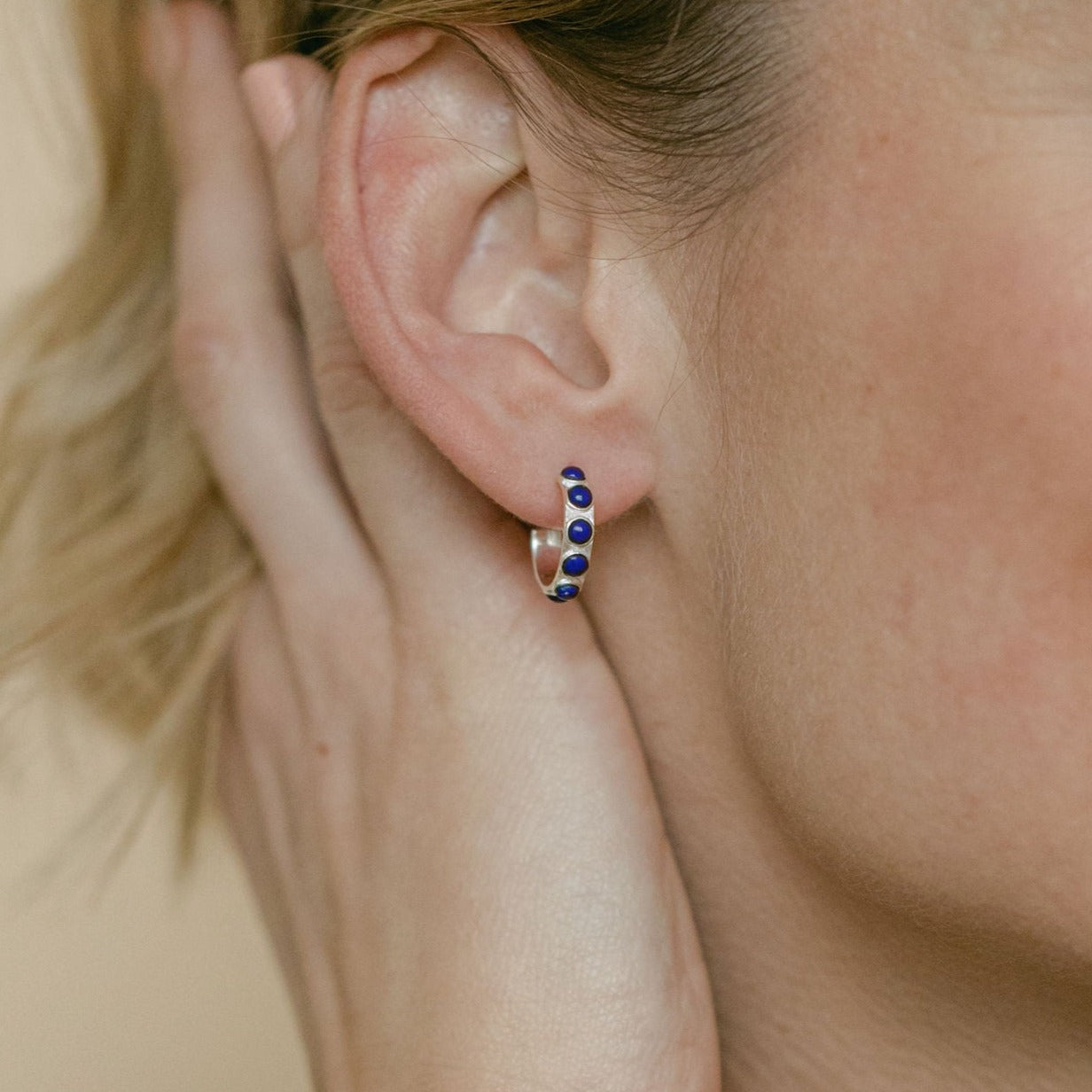 Silver Roma Hoop Earrings with Lapis Lazuli (Small) - Lulu B Jewellery