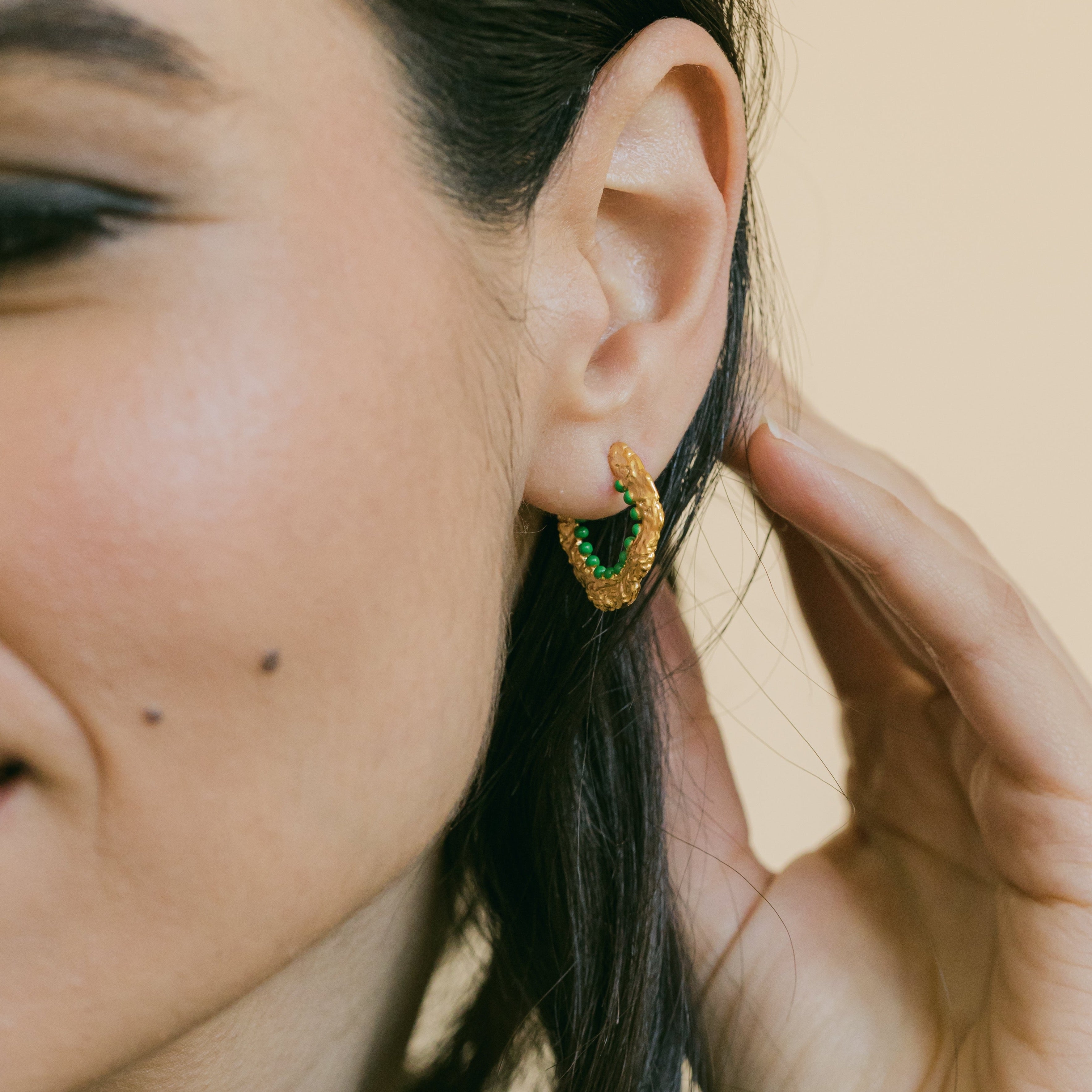 Crumpled Gold Hoop Earrings with Green Enamel - Eloise