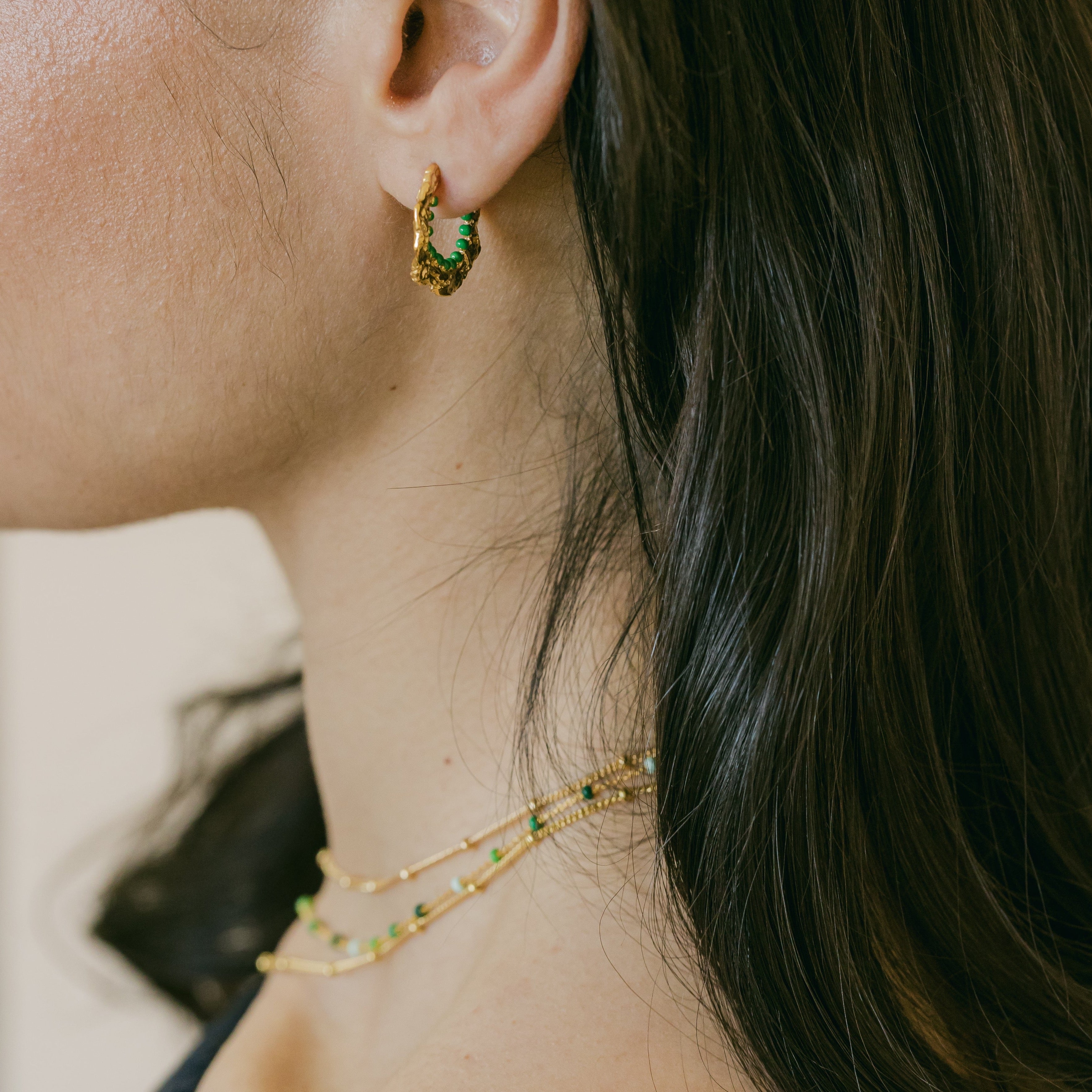 Crumpled Gold Hoop Earrings with Green Enamel - Eloise