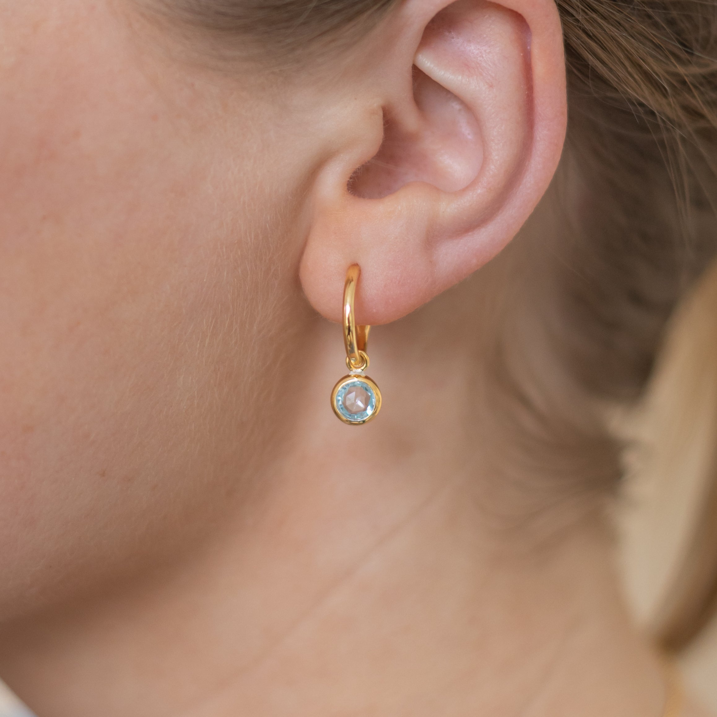 Gold Birthstone Hoop Earrings with Blue Topaz - Lulu B Jewellery