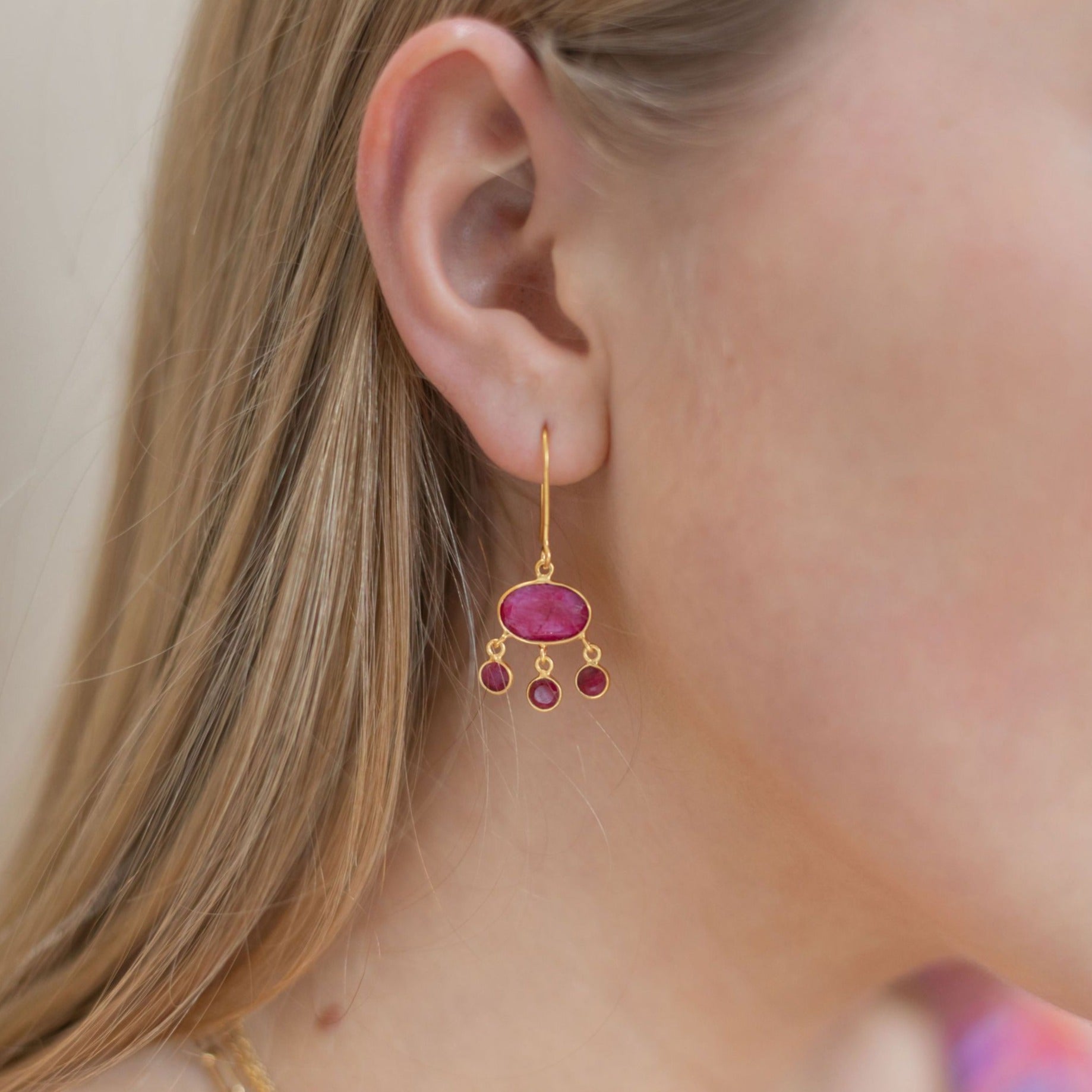 Amber Drop Earrings with Ruby Red Sillimanite - Lulu B Jewellery