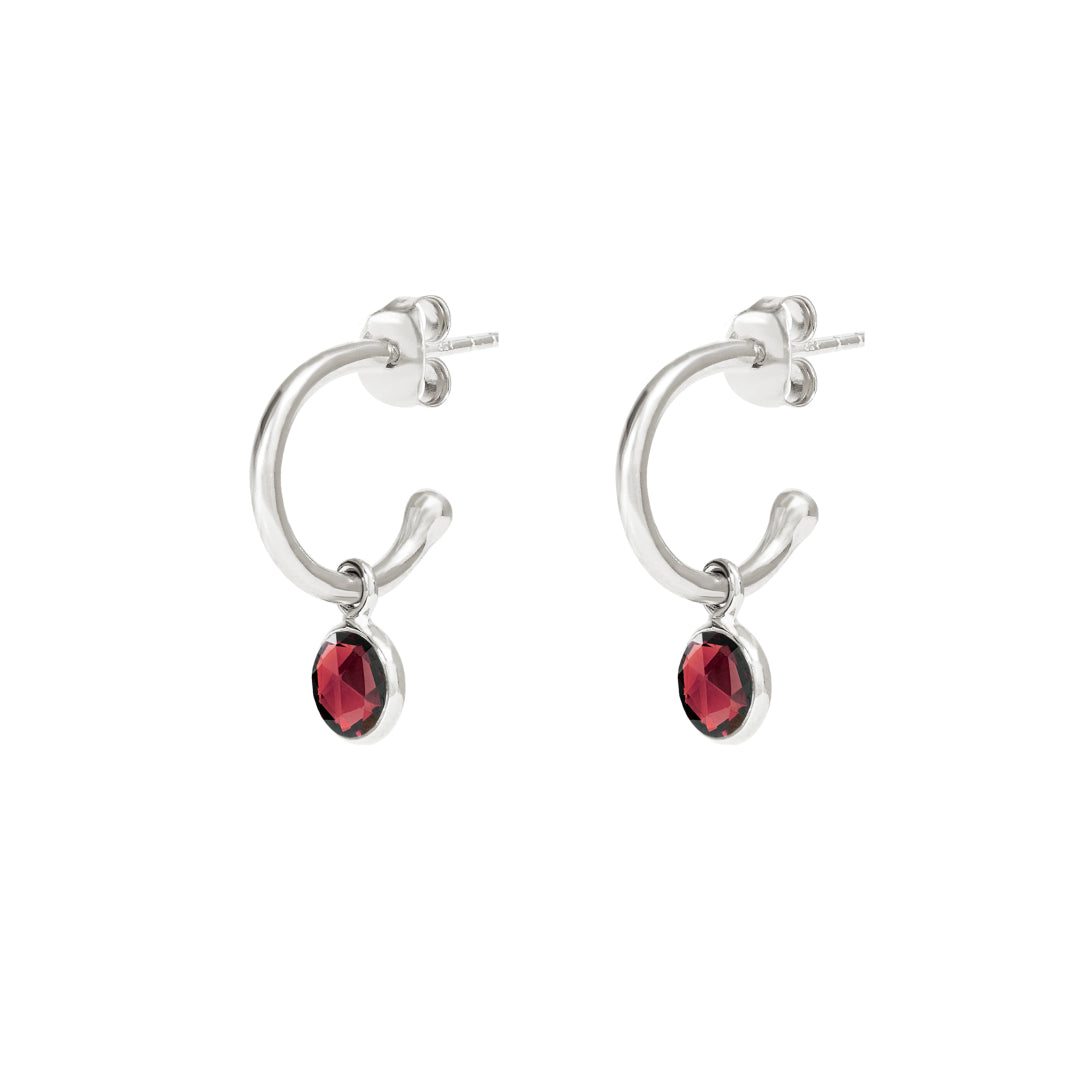 Silver Birthstone Hoop Earrings with Garnet - Lulu B Jewellery