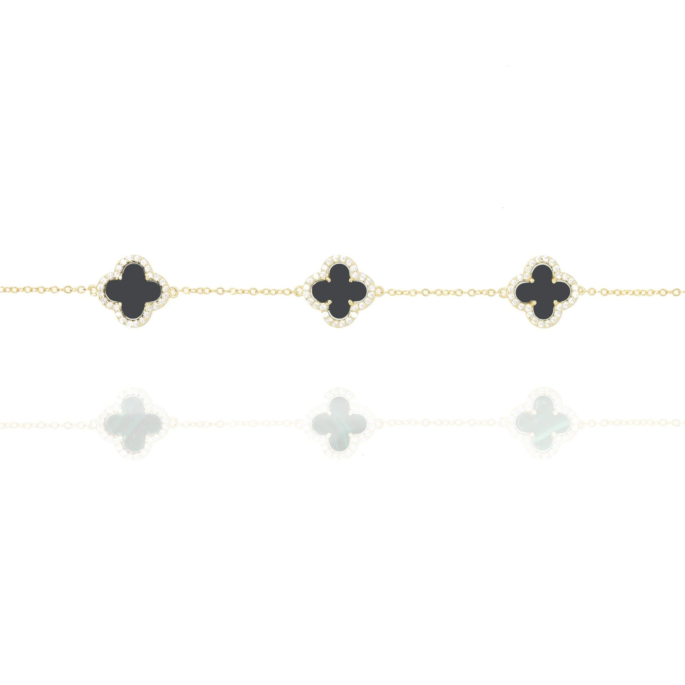 Clover Chain Bracelet with Black Onyx and Cubic Zirconia (Gold)
