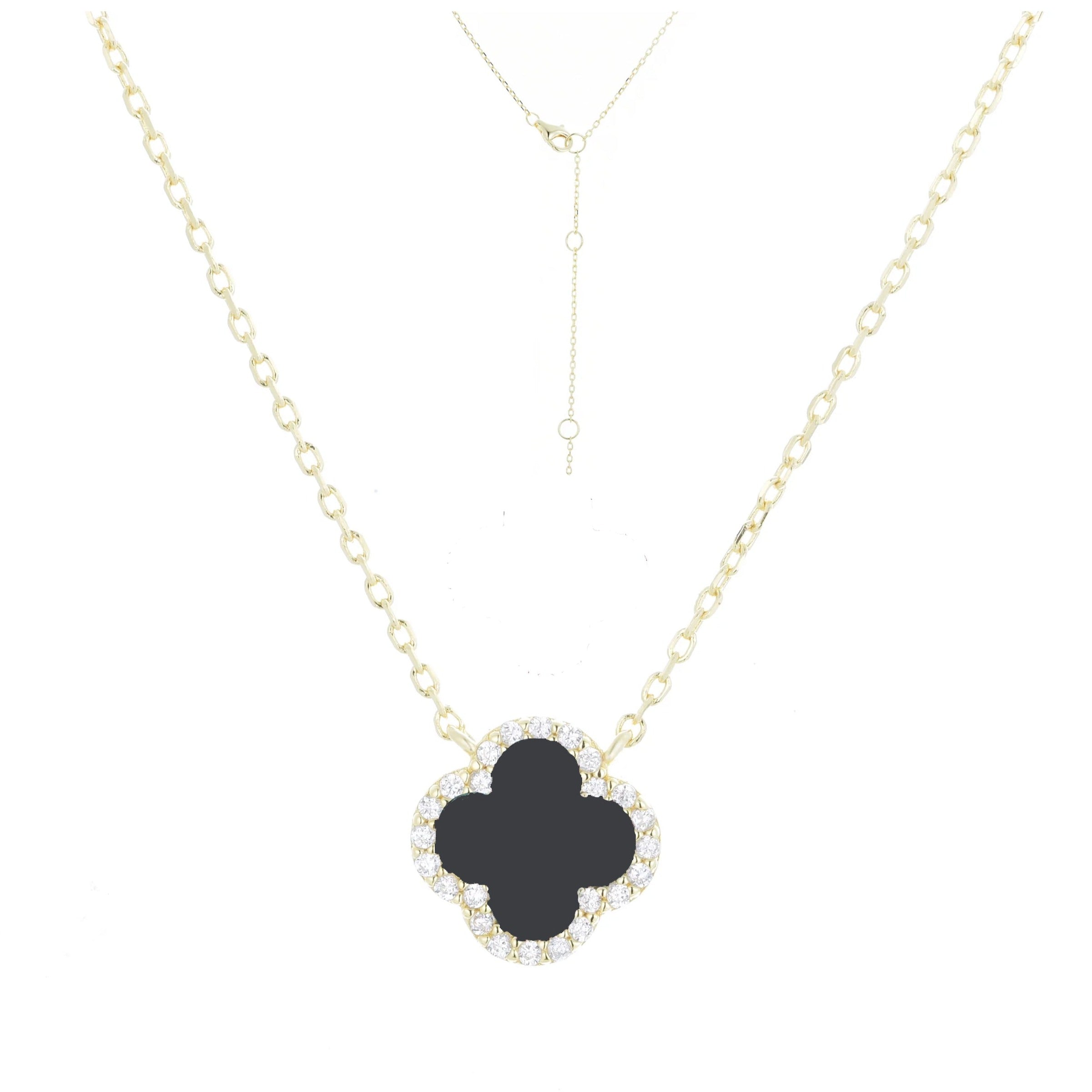 Clover Necklace with Black Onyx and Cubic Zirconia (Gold)