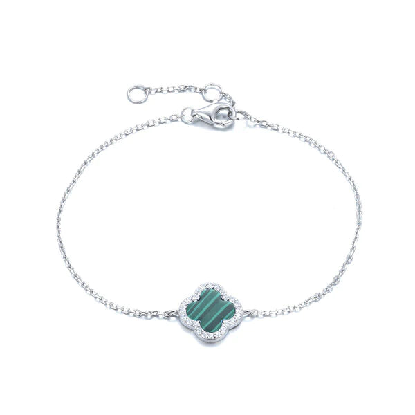 Clover Bracelet with Malachite and Cubic Zirconia (Silver)
