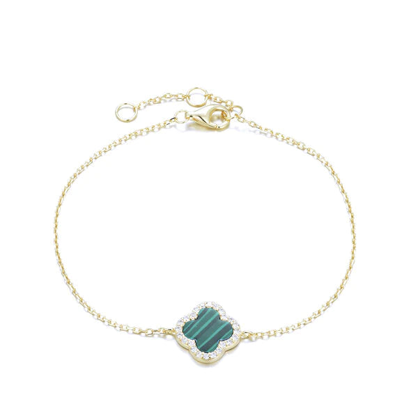 Clover Bracelet with Malachite and Cubic Zirconia (Gold)